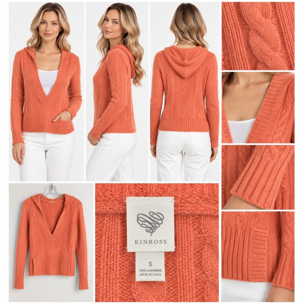 Kinross S Coral Cashmere Cable Knit Hooded V Neck Sweater Quiet Luxury Preppy